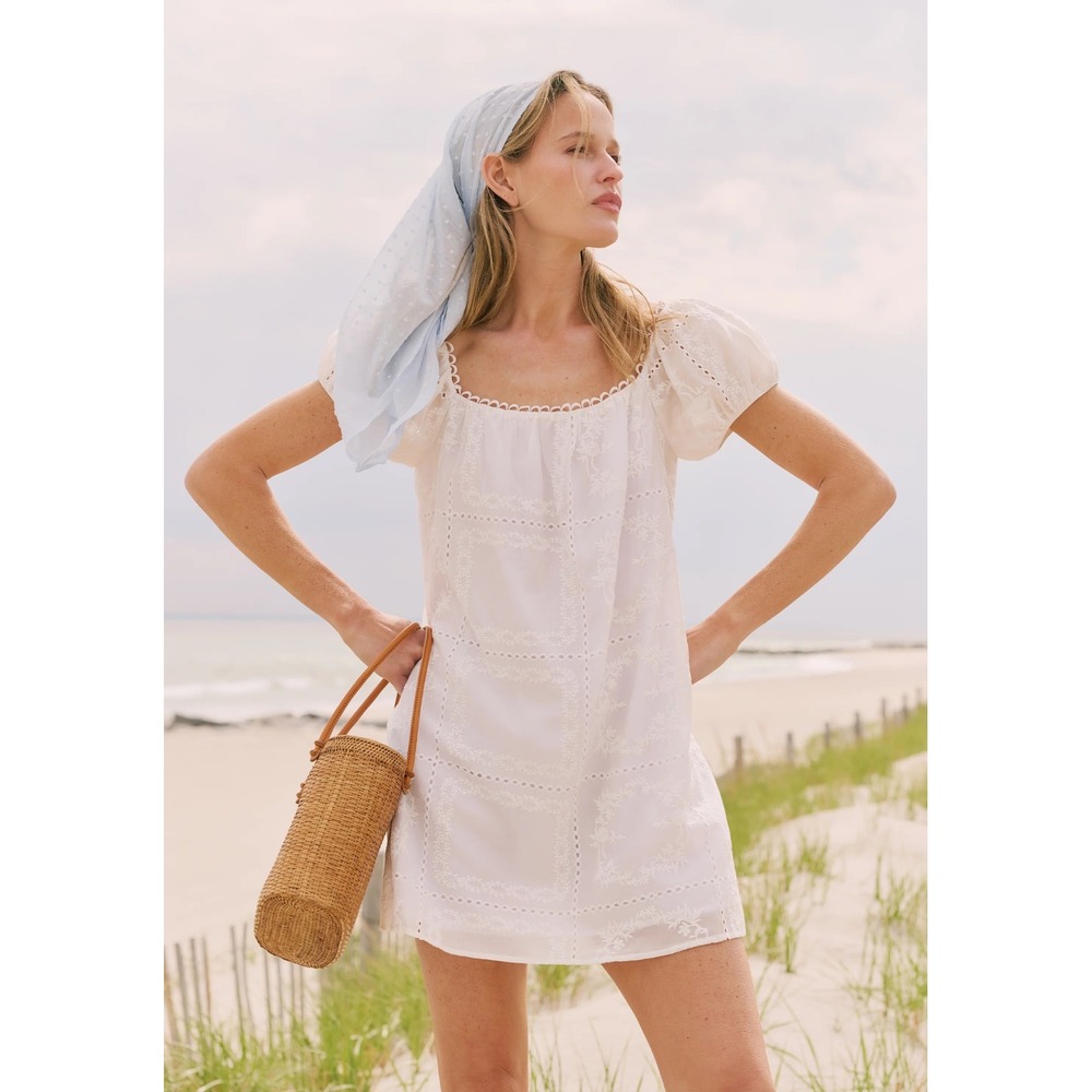 Kourt Nya White Eyelet Embroidered Puff Sleeve Mini Dress  Medium
